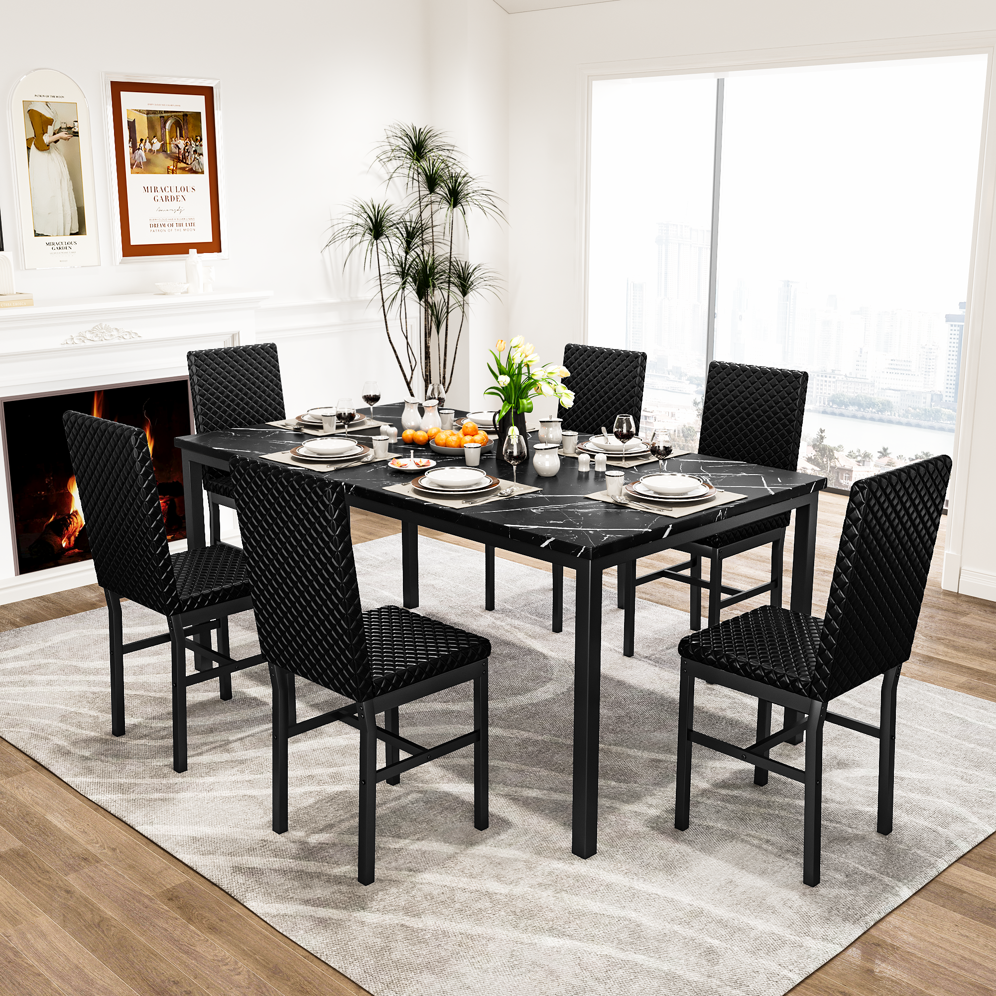 LinkRomat Modern 7 Piece Dining Room Sets for 6, Table Dining Set for 6, Faux Marble Kitchen Table PU Leather Chair for Apartment, Dining Room