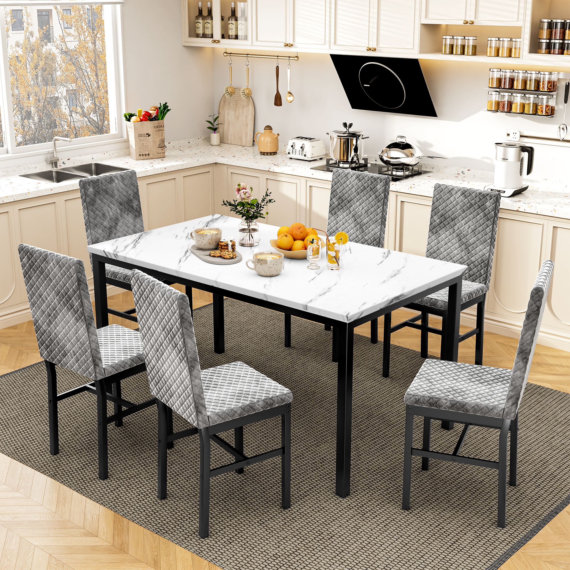 LinkRomat Modern 7 Piece Dining Room Sets for 6, Table Dining Set for 6, Faux Marble Kitchen Table PU Leather Chair for Apartment, Dining Room