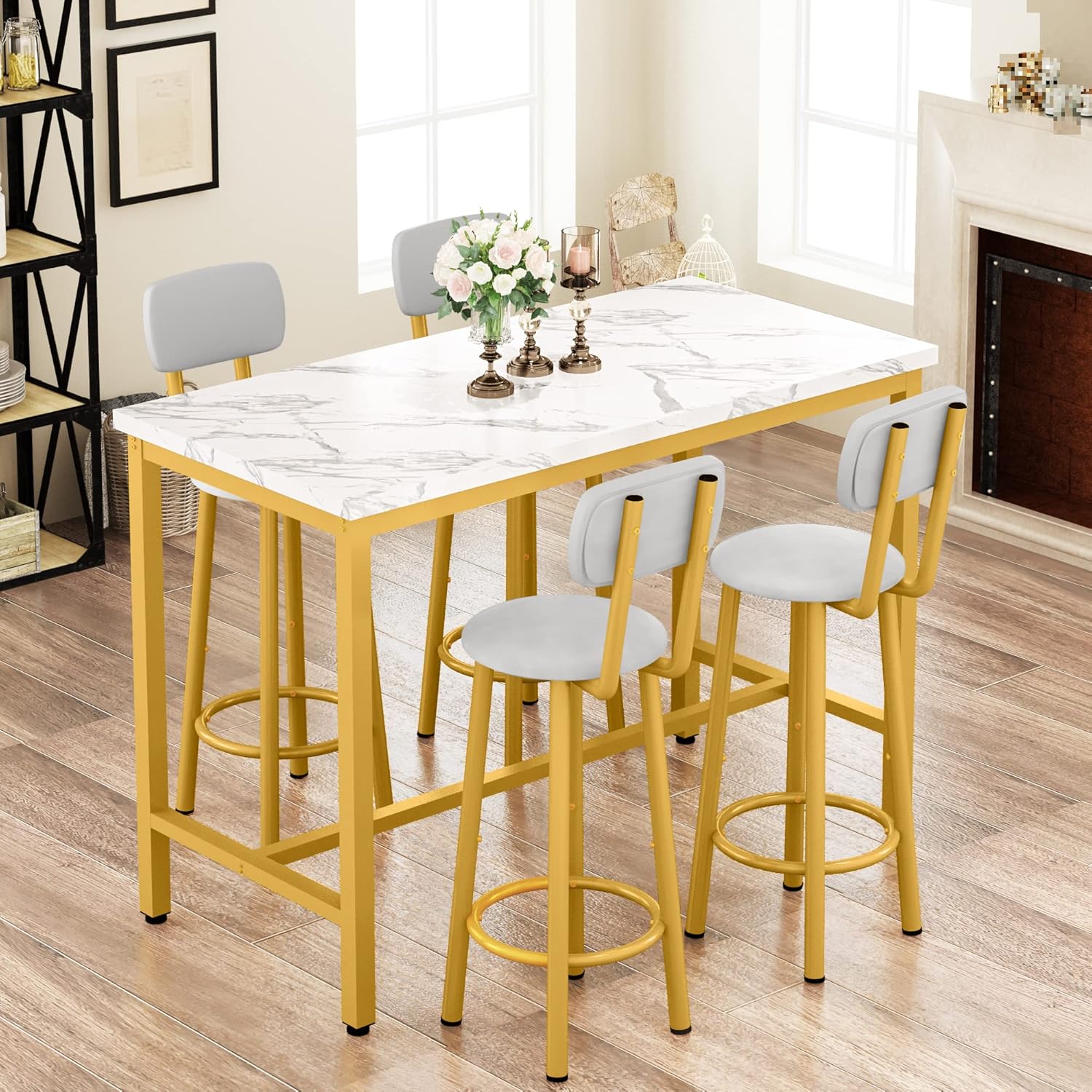 LinkRomat Modern Dining Table Set for 4,Artificial Marble Surface with 4 PU Cushioned Chairs,bar high table and chair sets,White