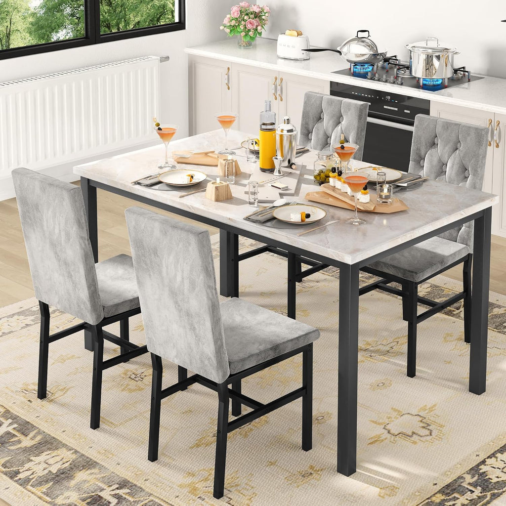 LinkRomat Dining Table Set for 4, Faux Marble Kitchen Table and Chairs, 5 Piece Small Dining Room Set with Button Tufted Upholstered Chairs