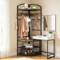 LinkRomat 4-Tier Corner Hall Tree with Hooks and Shoe Storage, Industrial Entryway Coat Rack with Bench, Rustic Wood and Metal Organizer for Small Spaces