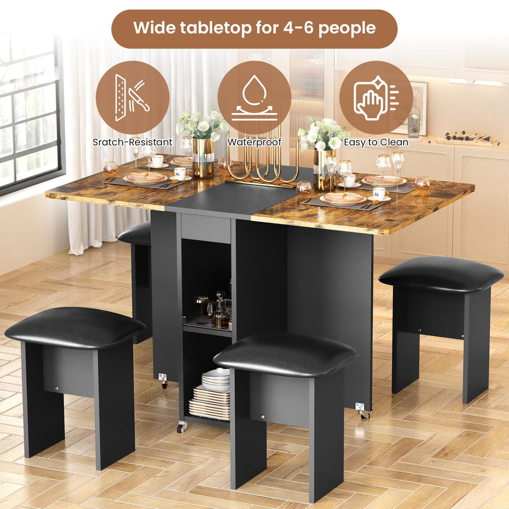 MOOSENG Folding Dining Table Set for 4, Dinner Table with 4 Leather Chairs and Shelves, Space Saving Foldable Dining Table with 6 Wheels, Kitchen Table Set for Small Spaces