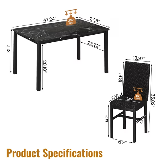 Cvortll Dining Table Set for 4,Faux Marble Kitchen Table with Velvet Upholstered Chairs,Small Dining Room Sets for Small Space Apartment Home,Black
