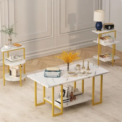 Cvortll Coffee Table Set of 3, Rectangle Faux Marble Tabletop & 2 Tiered Side Tables, Multi-Level Storage for Living Room（White & Golden）