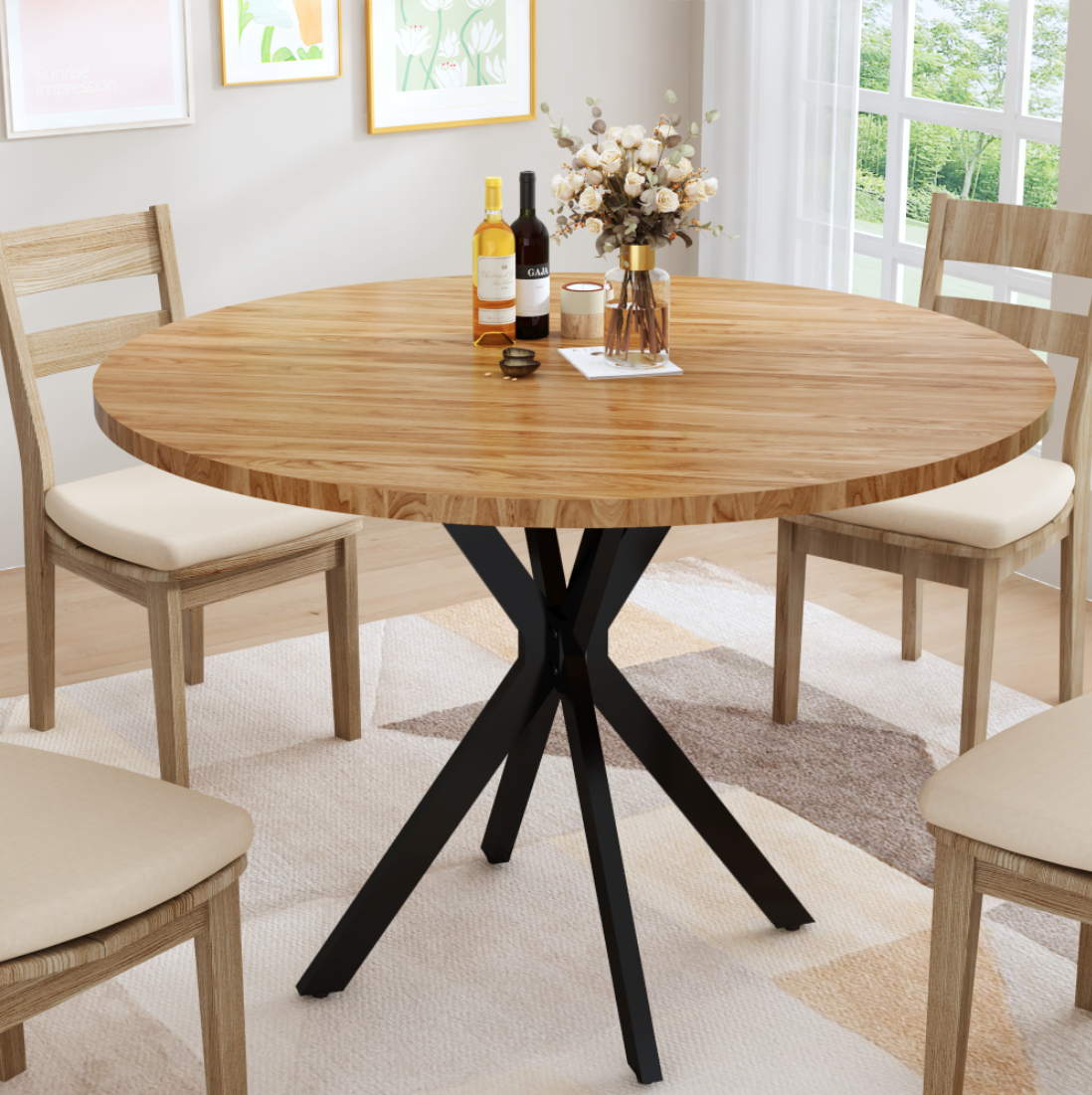 LinkRomat Mid-Century Round Kitchen Table, 39" Leisure Dining Table with 1.18" Thick Top & Black Metal Legs for 4–5 People, Walnut