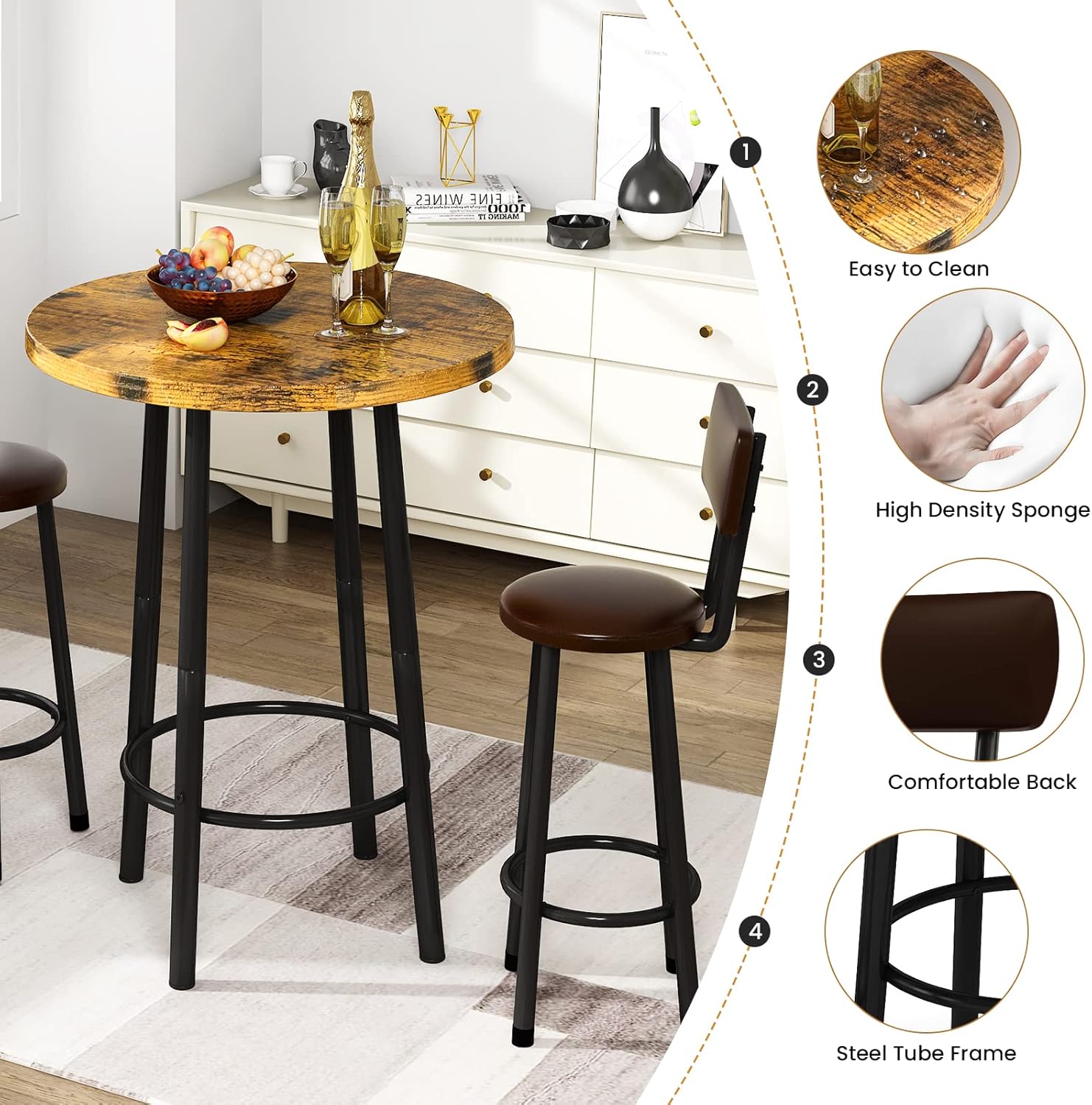 3 Piece Pub Dining Set, 24" Dining Table Set with 2 PU Leather Upholstered Stools, Square Small Space Kitchen Table Pub Set for Apartment Dining Room, Living Room
