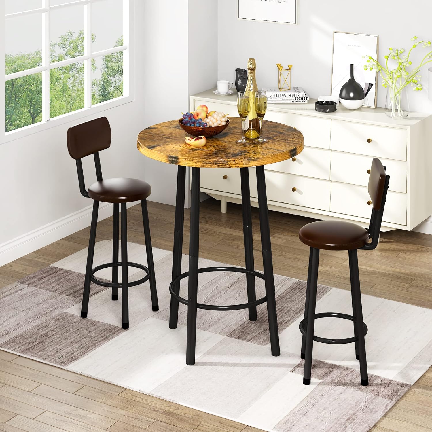 3 Piece Pub Dining Set, 24" Dining Table Set with 2 PU Leather Upholstered Stools, Square Small Space Kitchen Table Pub Set for Apartment Dining Room, Living Room