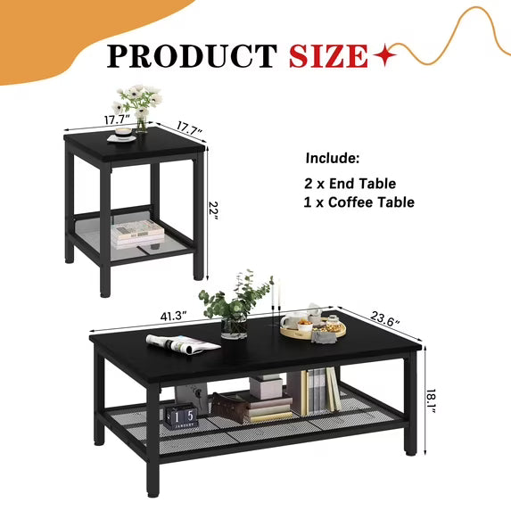 MOOSENG Coffee Table Set of 3, Industrial Vintage Wood Coffee Table with 2 Square End Side Tables, Easy Assembly Living Room Table Set for Offices, Living Rooms and Apartments