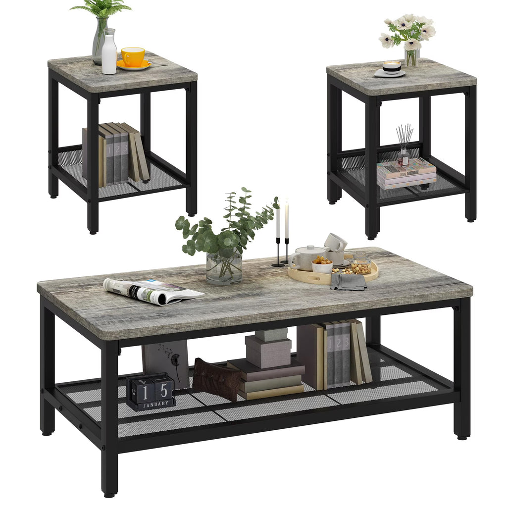 MOOSENG Coffee Table Set of 3, Industrial Vintage Wood Coffee Table with 2 Square End Side Tables, Easy Assembly Living Room Table Set for Offices, Living Rooms and Apartments