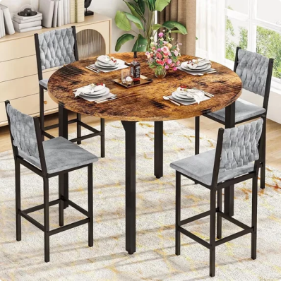 LinkRomat Dining Table Set for 4,Round Kitchen Table Set with 4 Gray hand-woven velvet chairs for Kitchen Breakfast Nook Dining