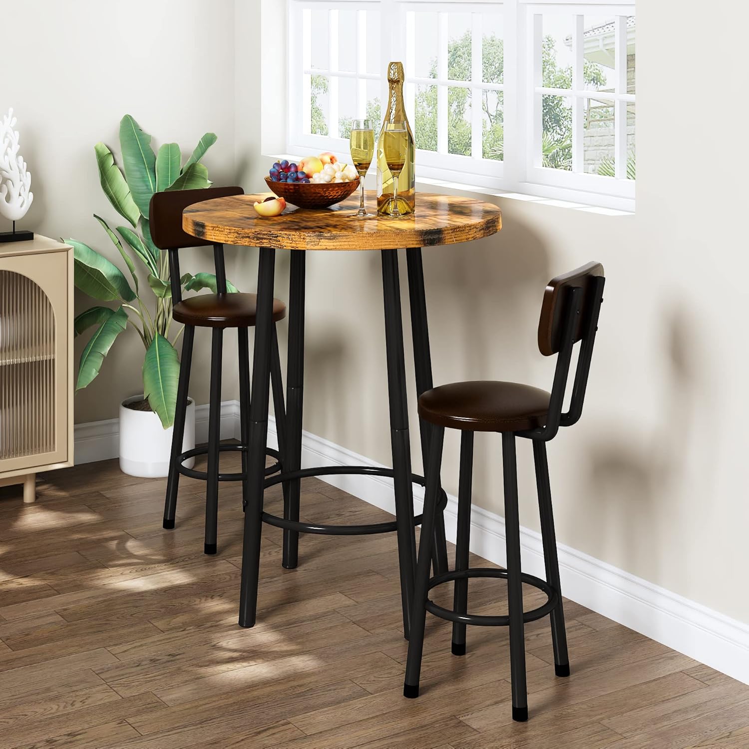 3 Piece Pub Dining Set, 24" Dining Table Set with 2 PU Leather Upholstered Stools, Square Small Space Kitchen Table Pub Set for Apartment Dining Room, Living Room