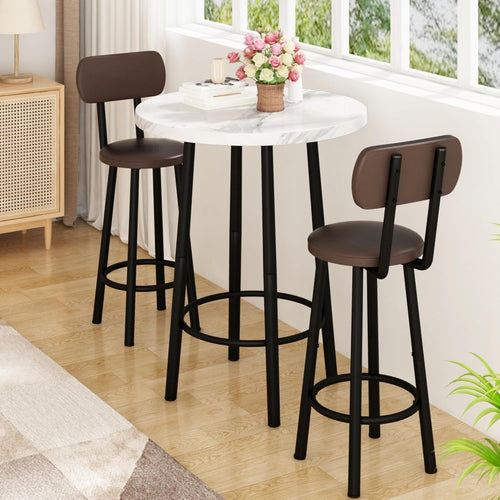 3 Piece Pub Dining Set, 24" Dining Table Set with 2 PU Leather Upholstered Stools, Square Small Space Kitchen Table Pub Set for Apartment Dining Room, Living Room