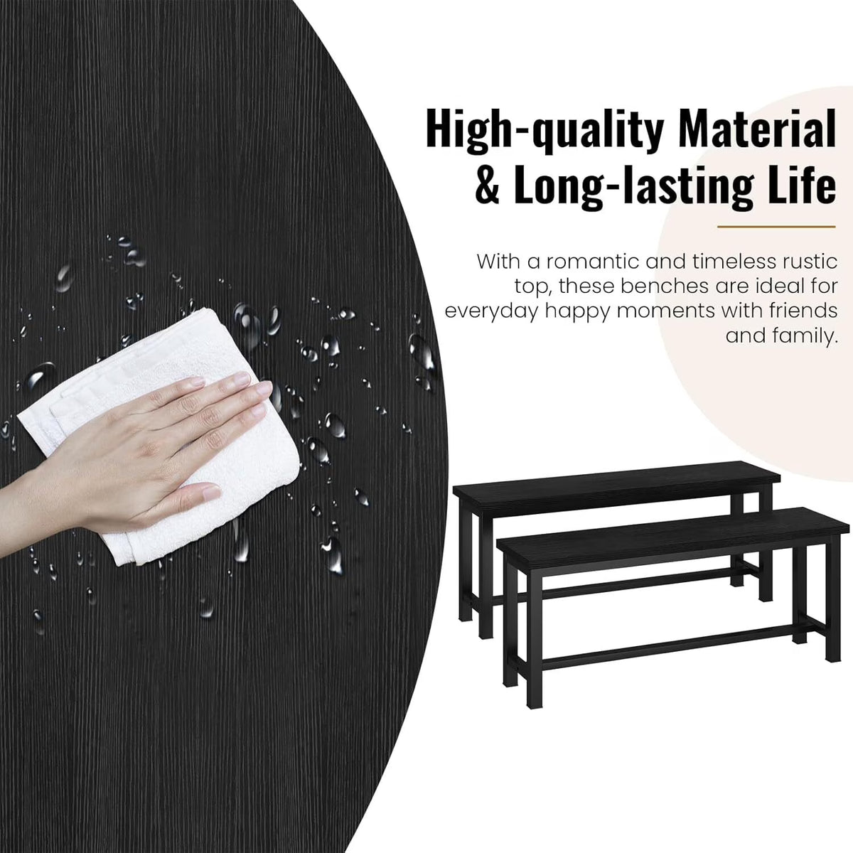 MOOSENG 2 Pack 39 Inch Industrial Dining Bench Set of 2 Black Kitchen Bench with Metal Legs Durable and Stable for Dining Room Living Room Bedroom Entryway