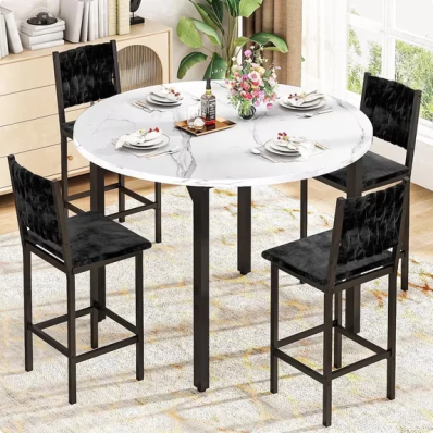 LinkRomat Dining Table Set for 4,Round Kitchen Table Set with 4 Gray hand-woven velvet chairs for Kitchen Breakfast Nook Dining