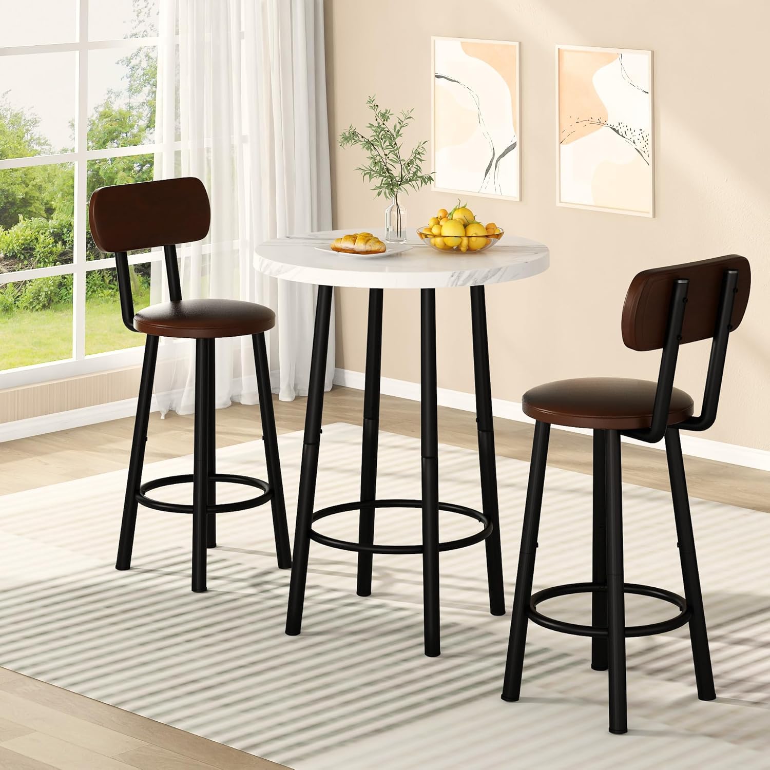 3 Piece Pub Dining Set, 24" Dining Table Set with 2 PU Leather Upholstered Stools, Square Small Space Kitchen Table Pub Set for Apartment Dining Room, Living Room