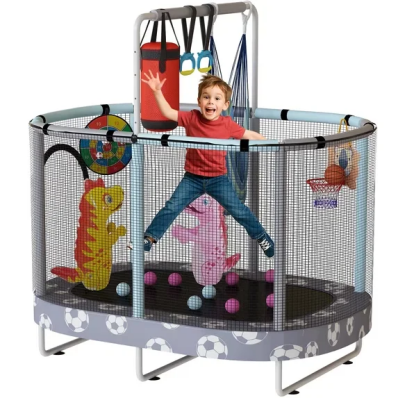 LinkRomat 7-in-1 60" Elliptic Trampoline for Kids, 500lbs Capacity Toddler Trampoline with Enclosure, Adjustable Height Handrail & Durable Designs for Boys & Girls, Indoor & Outdoor