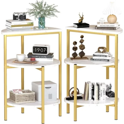 LinkRomat Faux Marble End Tables Set of 2, 3-Tier Small Side Table, Round Coffee Table with Metal Legs, End Table for Living Room, White & Gold