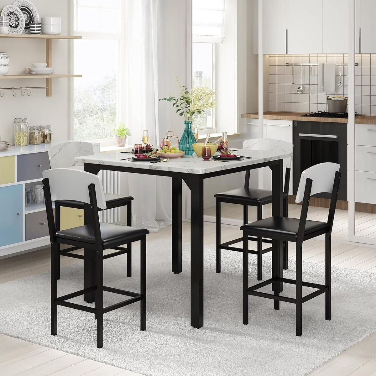 MOOSENG 5-Piece Counter Height Dining Table Set, Square Kitchen Table Set for 4 & 4 Velvet Bar Stools, Modern High Top Compact Dining Set Table for Small Spaces