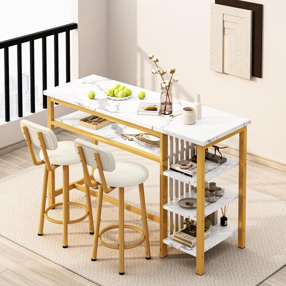 MOOSENG 3-Piece Bar Table and Chairs Set, Faux Marble Kitchen Counter Table with 2 PU Upholstered Bar Stools, Bistro Table with 3-Tier Storage Shelves, Space Saving for Small Space