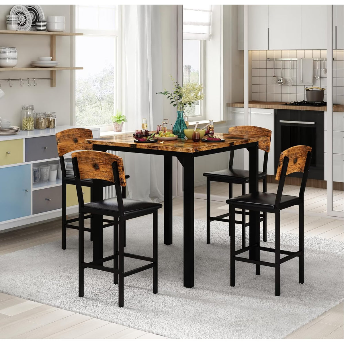 MOOSENG 5-Piece Counter Height Dining Table Set, Square Kitchen Table Set for 4 & 4 Velvet Bar Stools, Modern High Top Compact Dining Set Table for Small Spaces