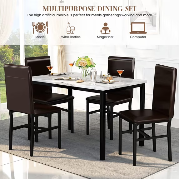 Cvortll 5‑Piece Dining Table Set, 30.1"H Kitchen Table with Faux Marble Top and 4 Chairs, Seats 4