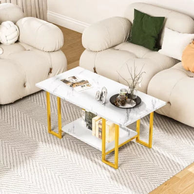 LinkRomat Modern Coffee Table, 40" Faux Marble Top Rectangular Coffee Table with Gold Metal Frame, 2 Tier Living Room Table for Living Room, Office, Balcony, White and Gold
