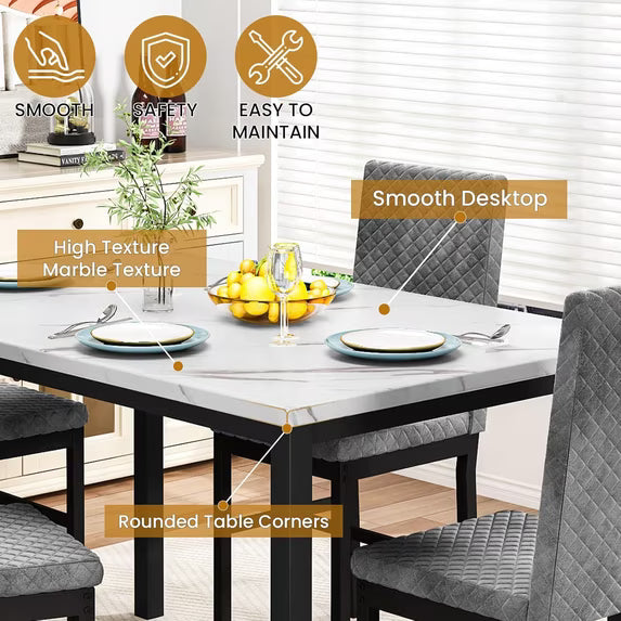 MOOSENG Small Dining Table Set for 4, 5 Pieces Dining Room Sets with Faux Marble Table & Velvet Chairs, Modern Kitchen Table Set with Chair for 4