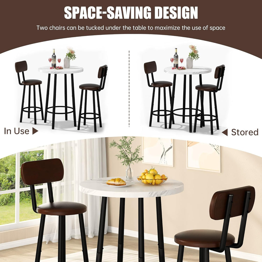 3 Piece Pub Dining Set, 24" Dining Table Set with 2 PU Leather Upholstered Stools, Square Small Space Kitchen Table Pub Set for Apartment Dining Room, Living Room