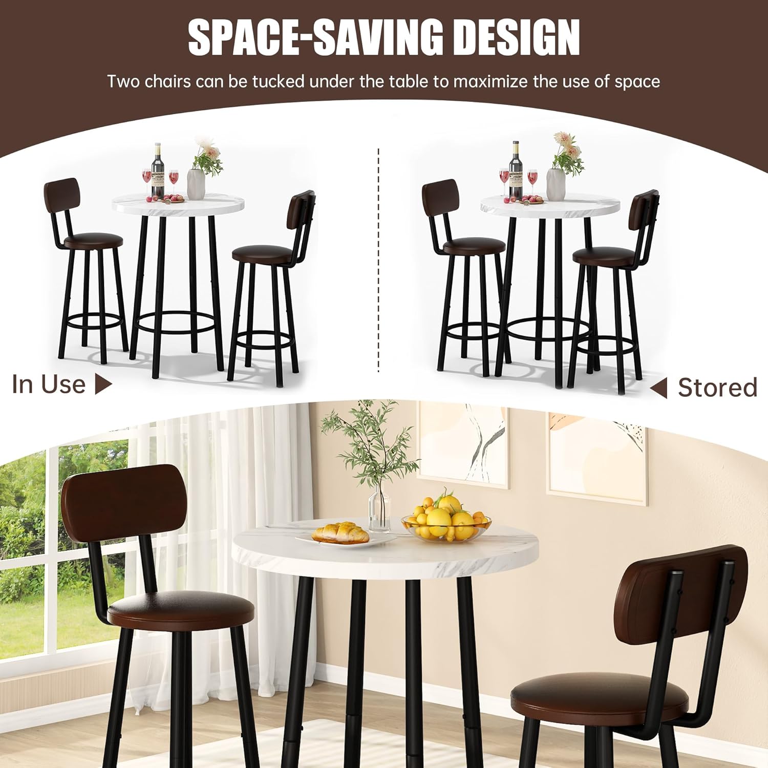 3 Piece Pub Dining Set, 24" Dining Table Set with 2 PU Leather Upholstered Stools, Square Small Space Kitchen Table Pub Set for Apartment Dining Room, Living Room