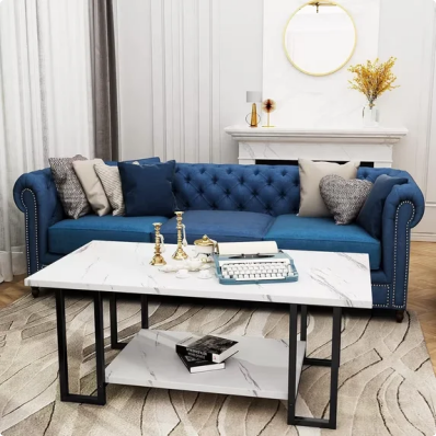 LinkRomat Modern Coffee Table, 40" Faux Marble Top Rectangular Coffee Table with Black Metal Frame, 2 Tier Living Room Table for Living Room, Office, Balcony, White
