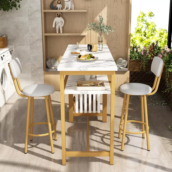MOOSENG 3-Piece Bar Table and Chairs Set, Faux Marble Kitchen Counter Table with 2 PU Upholstered Bar Stools, Bistro Table with 3-Tier Storage Shelves, Space Saving for Small Space