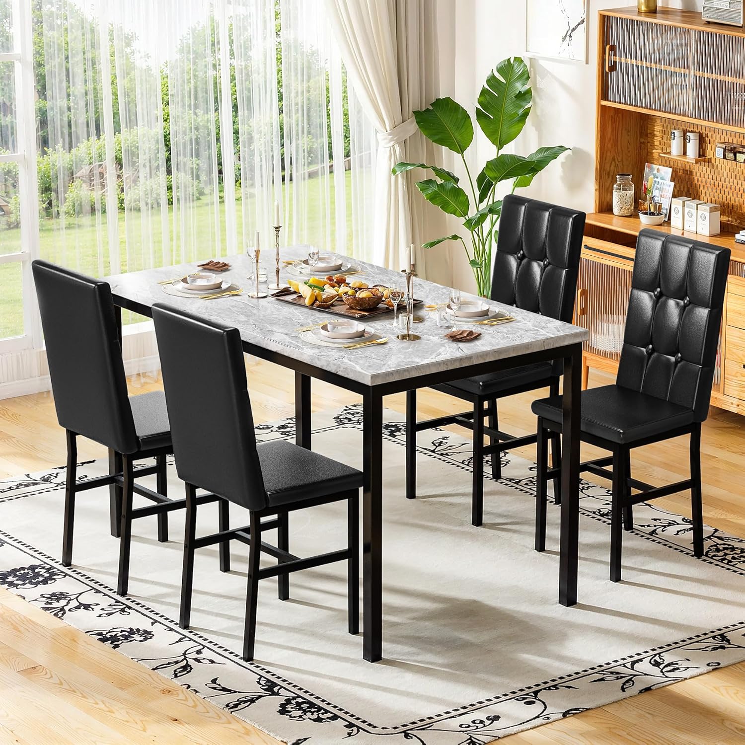 LinkRomat Modern Dining Table Set, Grey Faux Marble Rectangular Table Set and 4 Black PU Cushion Chairs, Dining Room Home Furniture for Small Space