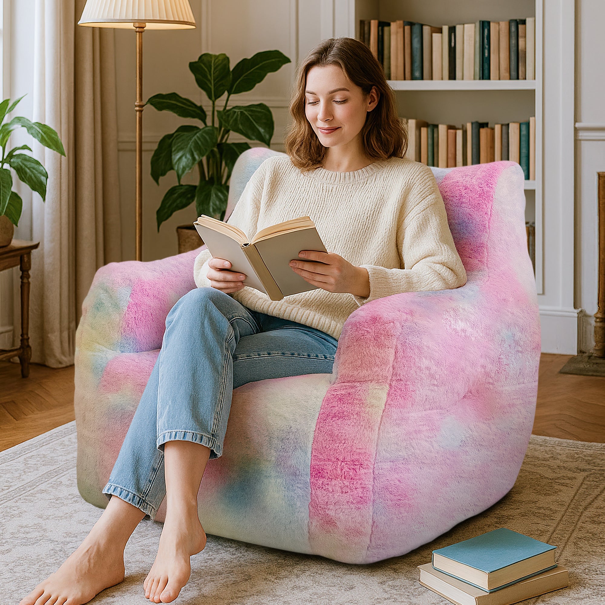 LinkRomat Bean Bag Chair, Bean Bag Sofa with Tufted Soft Stuffed Filling, Fluffy and Lazy Sofa with Premium Memory Foam Filler for Living Room, Bedroom, Dorm