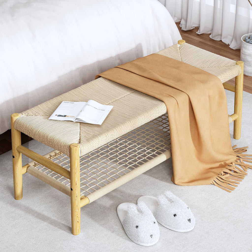 LinkRomat Wicker Bench Indoor Entryway Bench with Paper Cord Ottoman & Grid Storage Rack, Mid-Century Long Chair with Wood Legs for Room Channel