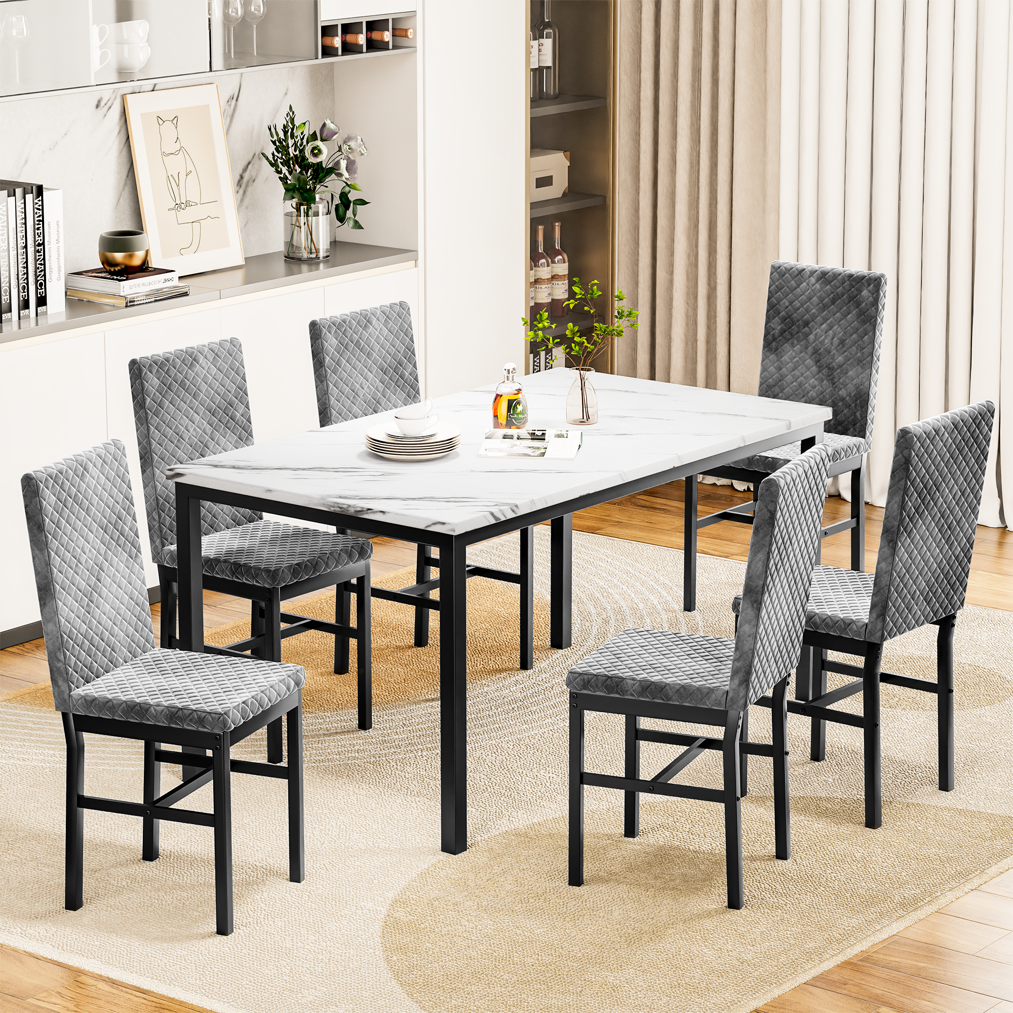 LinkRomat Modern 7 Piece Dining Room Sets for 6, Table Dining Set for 6, Faux Marble Kitchen Table PU Leather Chair for Apartment, Dining Room