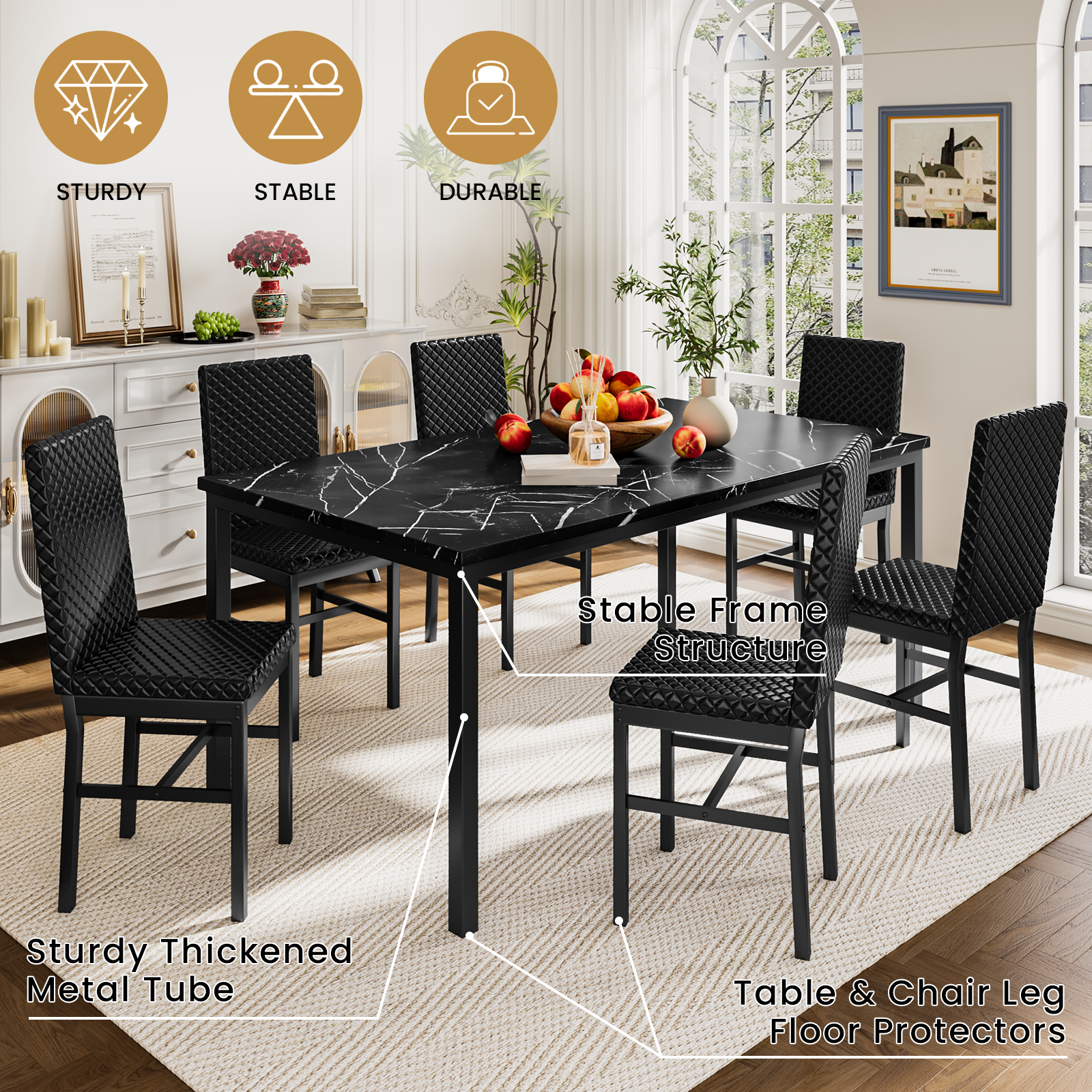 LinkRomat Modern 7 Piece Dining Room Sets for 6, Table Dining Set for 6, Faux Marble Kitchen Table PU Leather Chair for Apartment, Dining Room