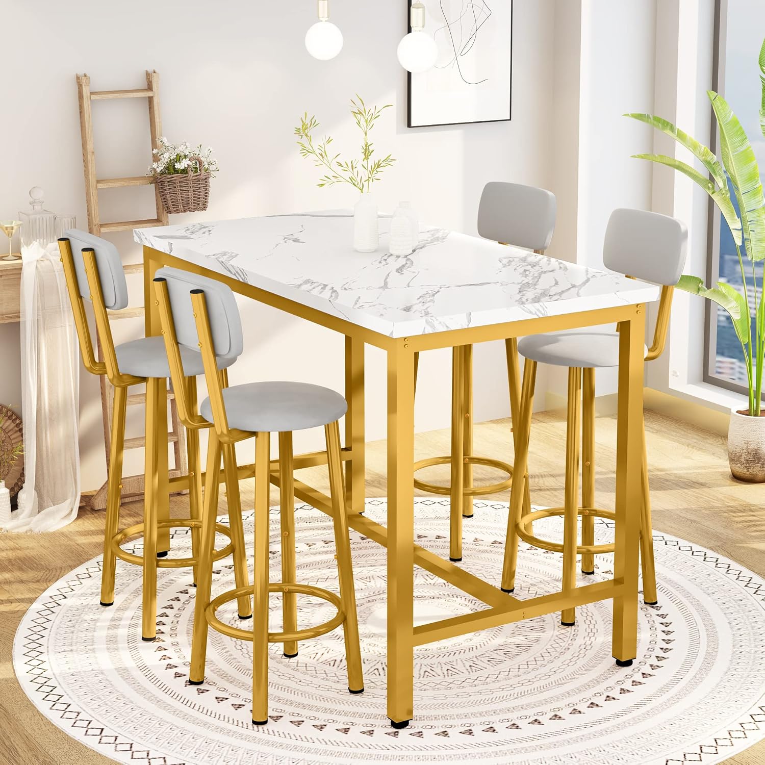 LinkRomat Modern Dining Table Set for 4,Artificial Marble Surface with 4 PU Cushioned Chairs,bar high table and chair sets,White