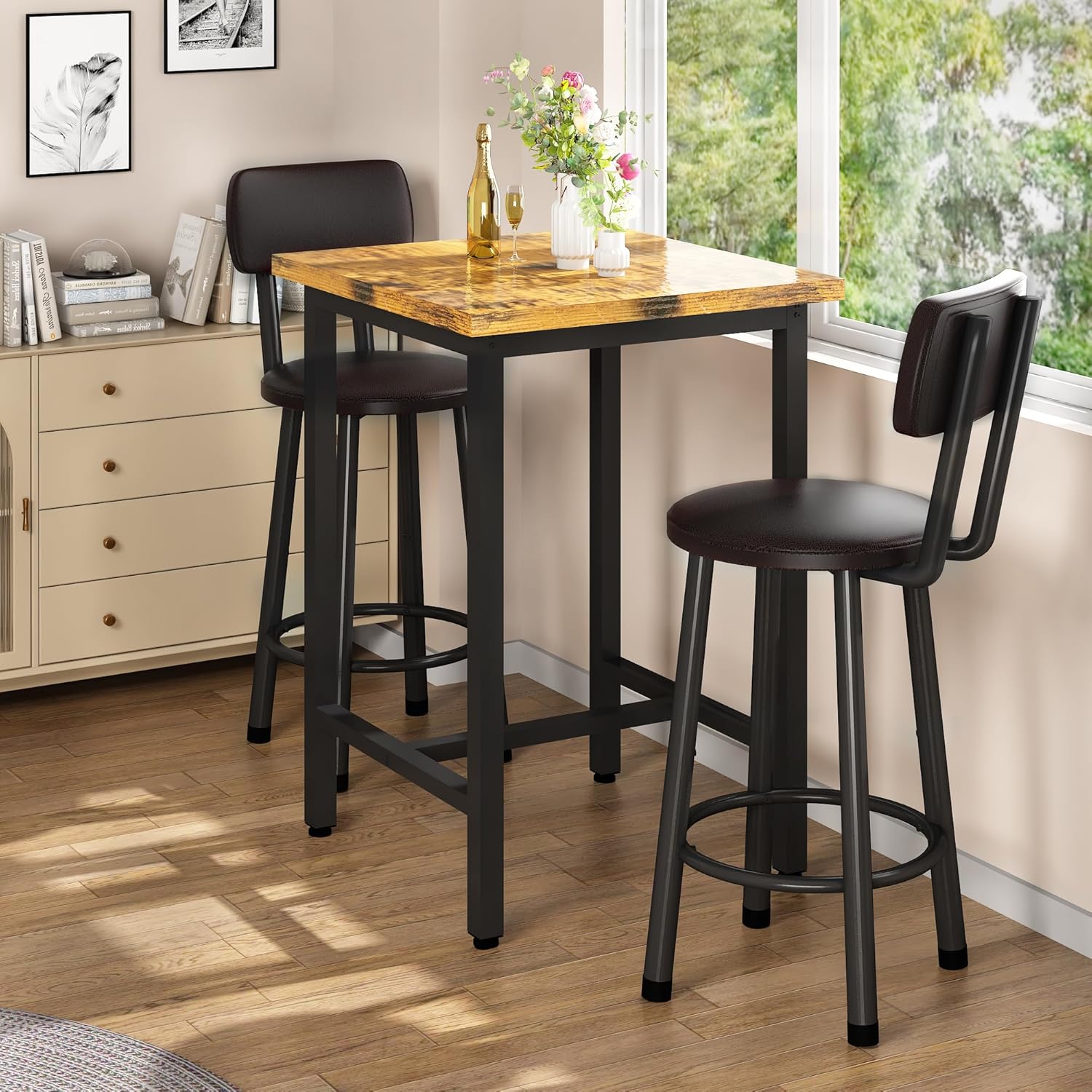 3 Piece Pub Dining Set, 24" Dining Table Set with 2 PU Leather Upholstered Stools, Square Small Space Kitchen Table Pub Set for Apartment Dining Room, Living Room