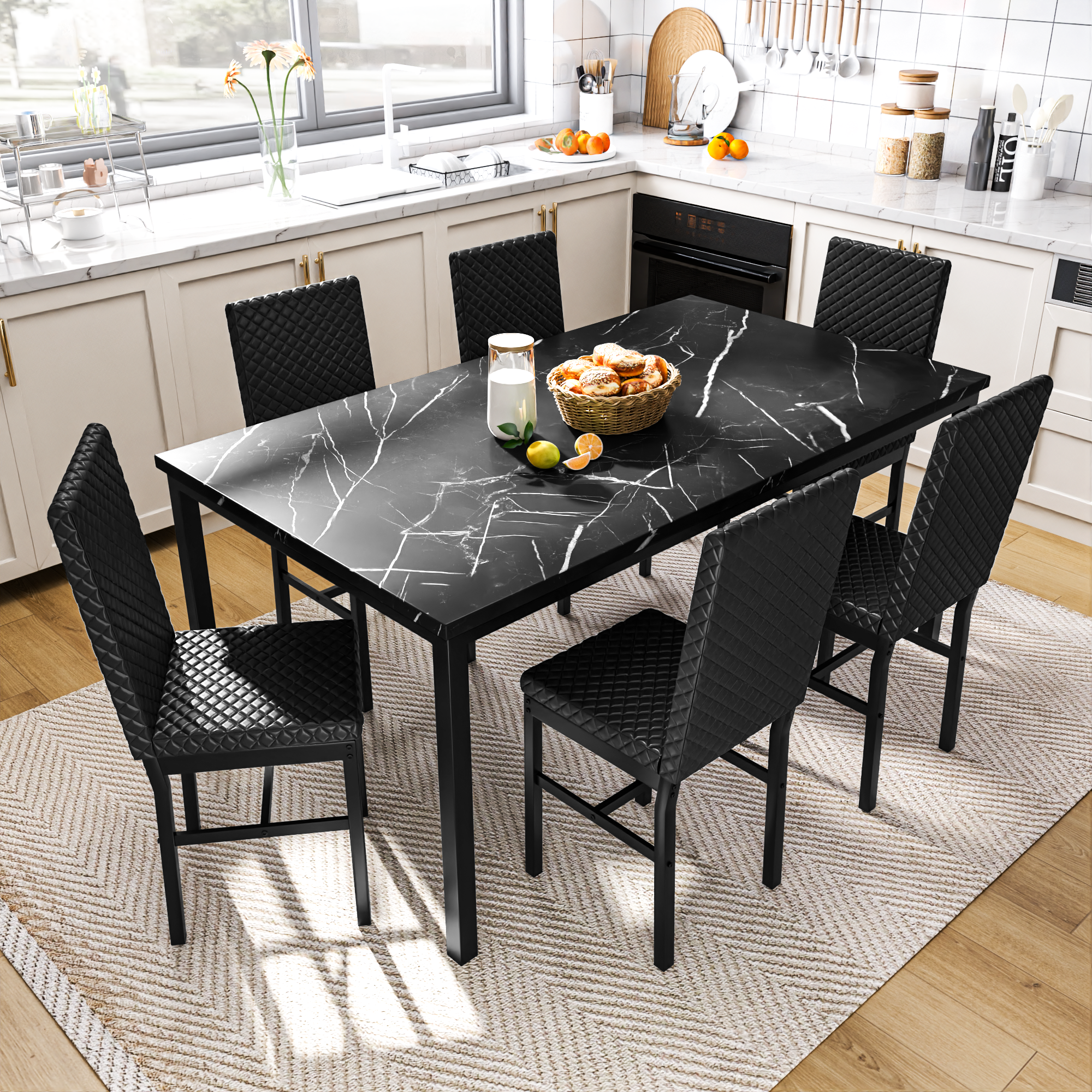 LinkRomat Modern 7 Piece Dining Room Sets for 6, Table Dining Set for 6, Faux Marble Kitchen Table PU Leather Chair for Apartment, Dining Room