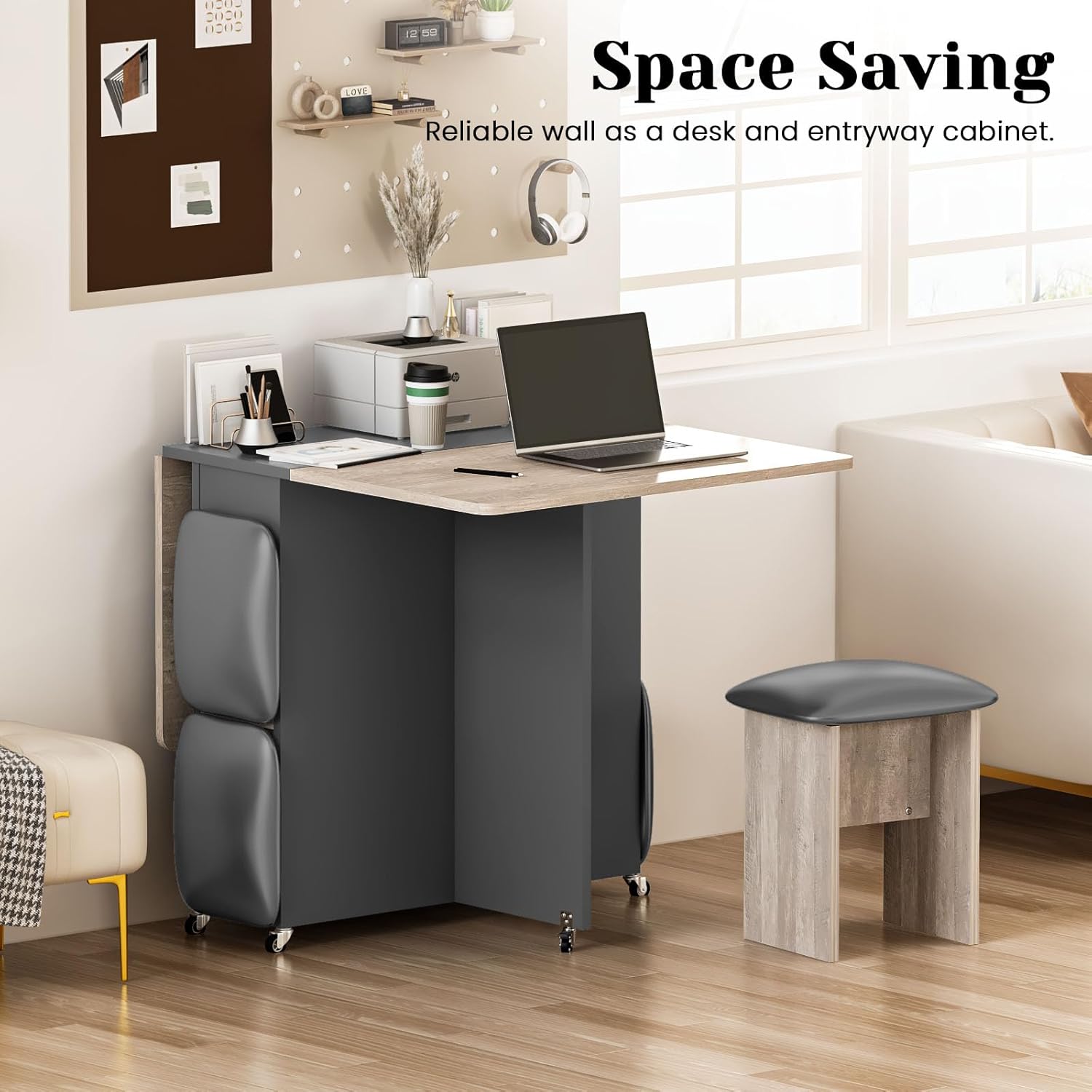 LinkRomat Folding Dining Table Set for 4, Kitchen Table with Shelves & 4 Leather Chairs, Space Saving Foldable Dining Table with 6 Wheel (Grey)
