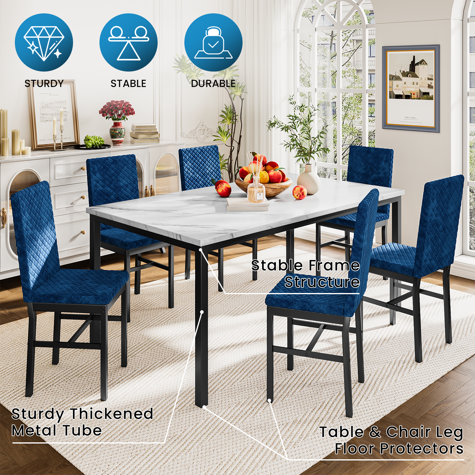 LinkRomat Modern 7 Piece Dining Room Sets for 6, Table Dining Set for 6, Faux Marble Kitchen Table PU Leather Chair for Apartment, Dining Room