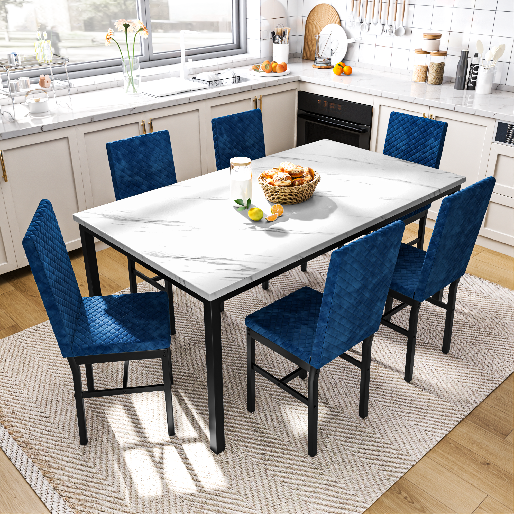 LinkRomat Modern 7 Piece Dining Room Sets for 6, Table Dining Set for 6, Faux Marble Kitchen Table PU Leather Chair for Apartment, Dining Room