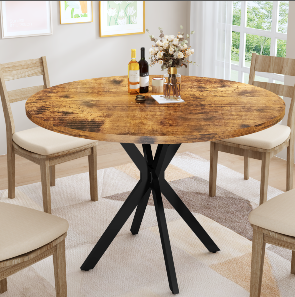 LinkRomat Mid-Century Round Kitchen Table, 39" Leisure Dining Table with 1.18" Thick Top & Black Metal Legs for 4–5 People, Walnut