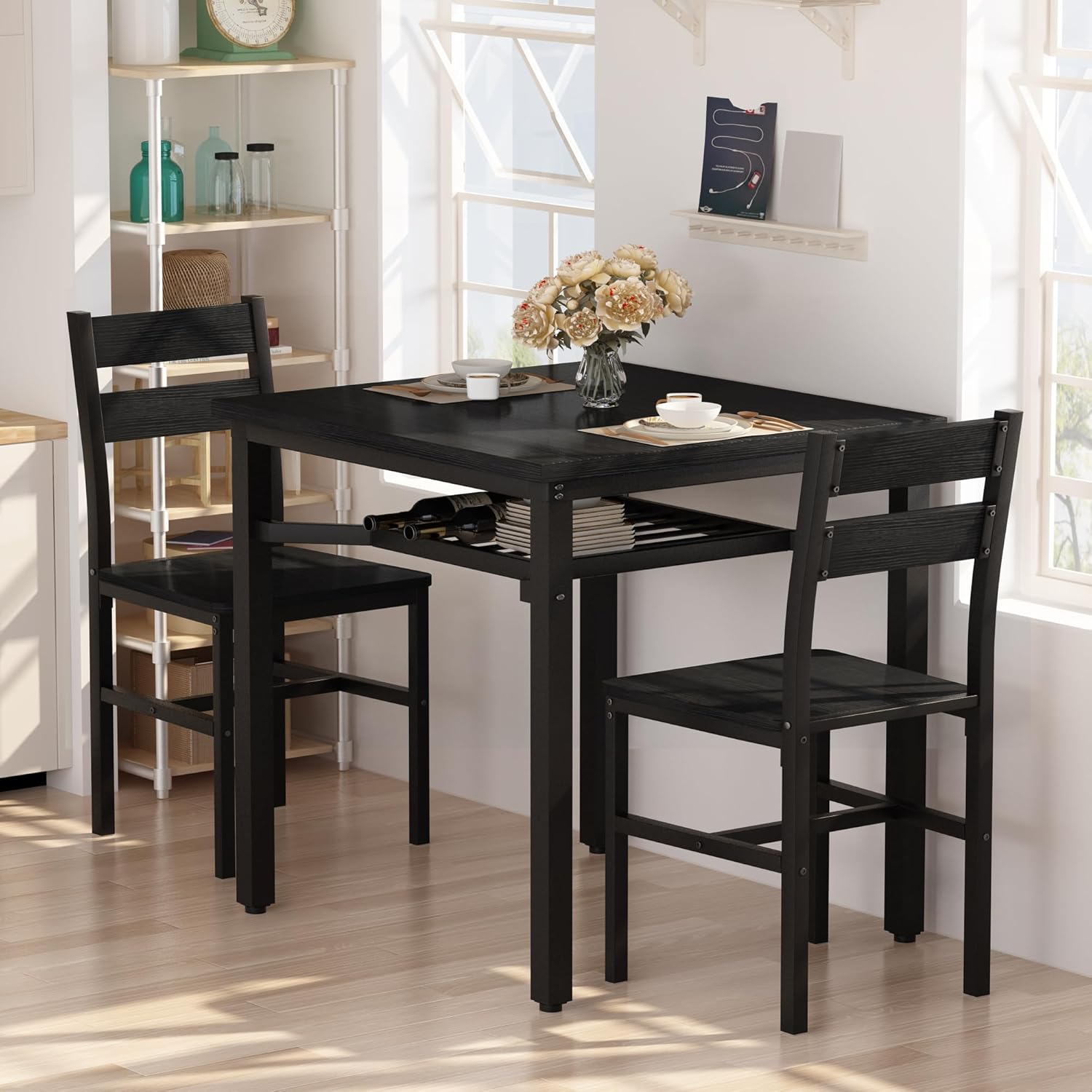 LinkRomat Small Dining Table for 2, Wooden Dinner Table with Storage, 3 Piece Farmhouse Square Dinette Set for Dining Room, Apartment, Small Space