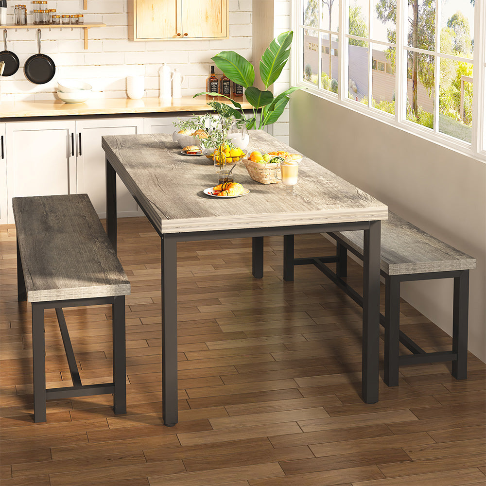 LinkRomat 3 Piece Dining Room Table Set for 4, 47" Farmhouse Dining Table with Benches, Rectangular Kitchen Sets for Small Space, Apartment, Restaurant