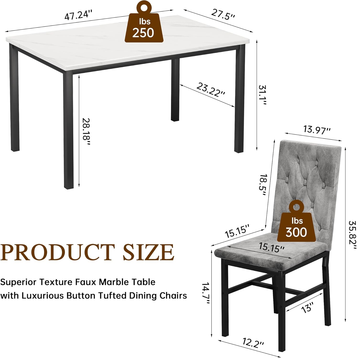 LinkRomat Dining Table Set for 4, Faux Marble Kitchen Table and Chairs, 5 Piece Small Dining Room Set with Button Tufted Upholstered Chairs