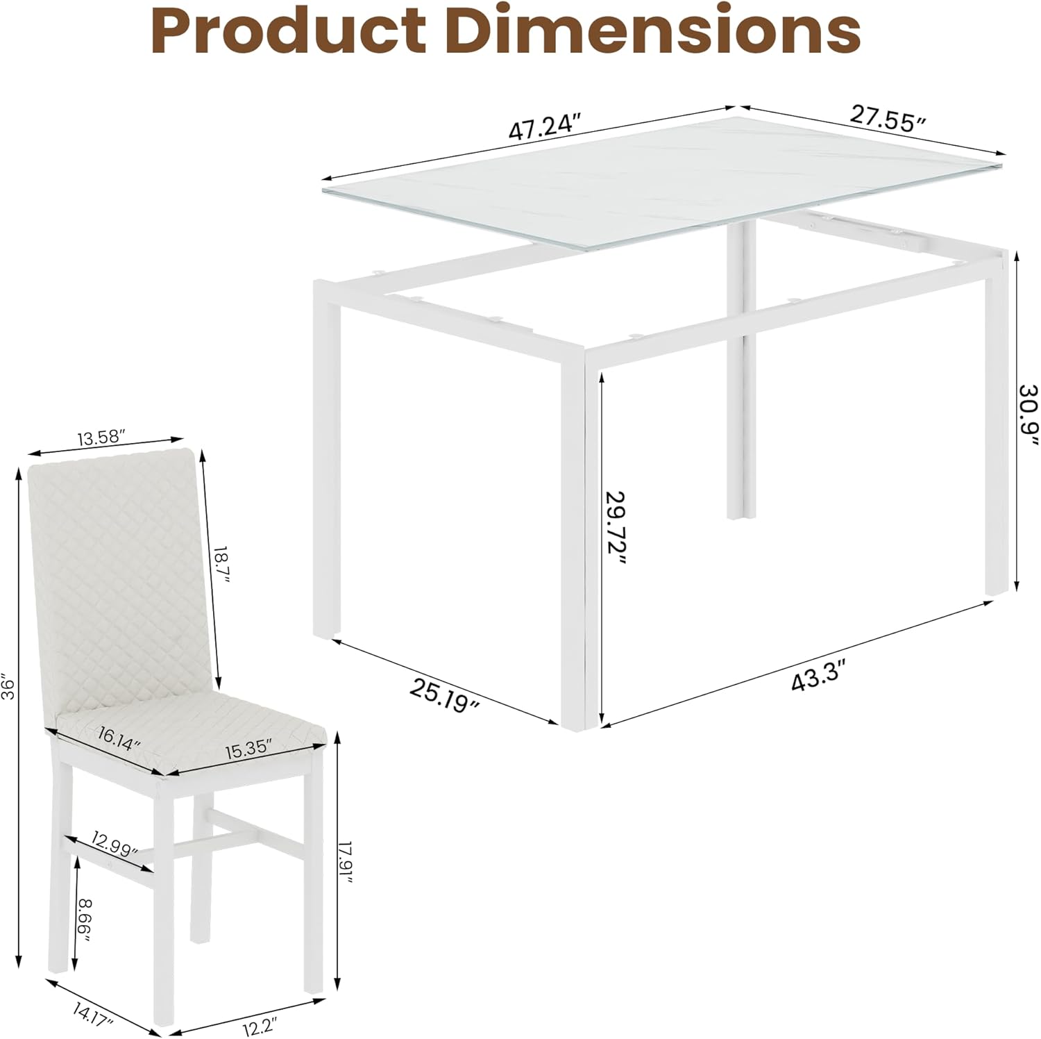 LinkRomat Dining Table Set for 4, Glass Table & PU Leather Chairs, Kitchen Tabletop and Chairs Set for Small Space, Apartment, Home Furniture, White