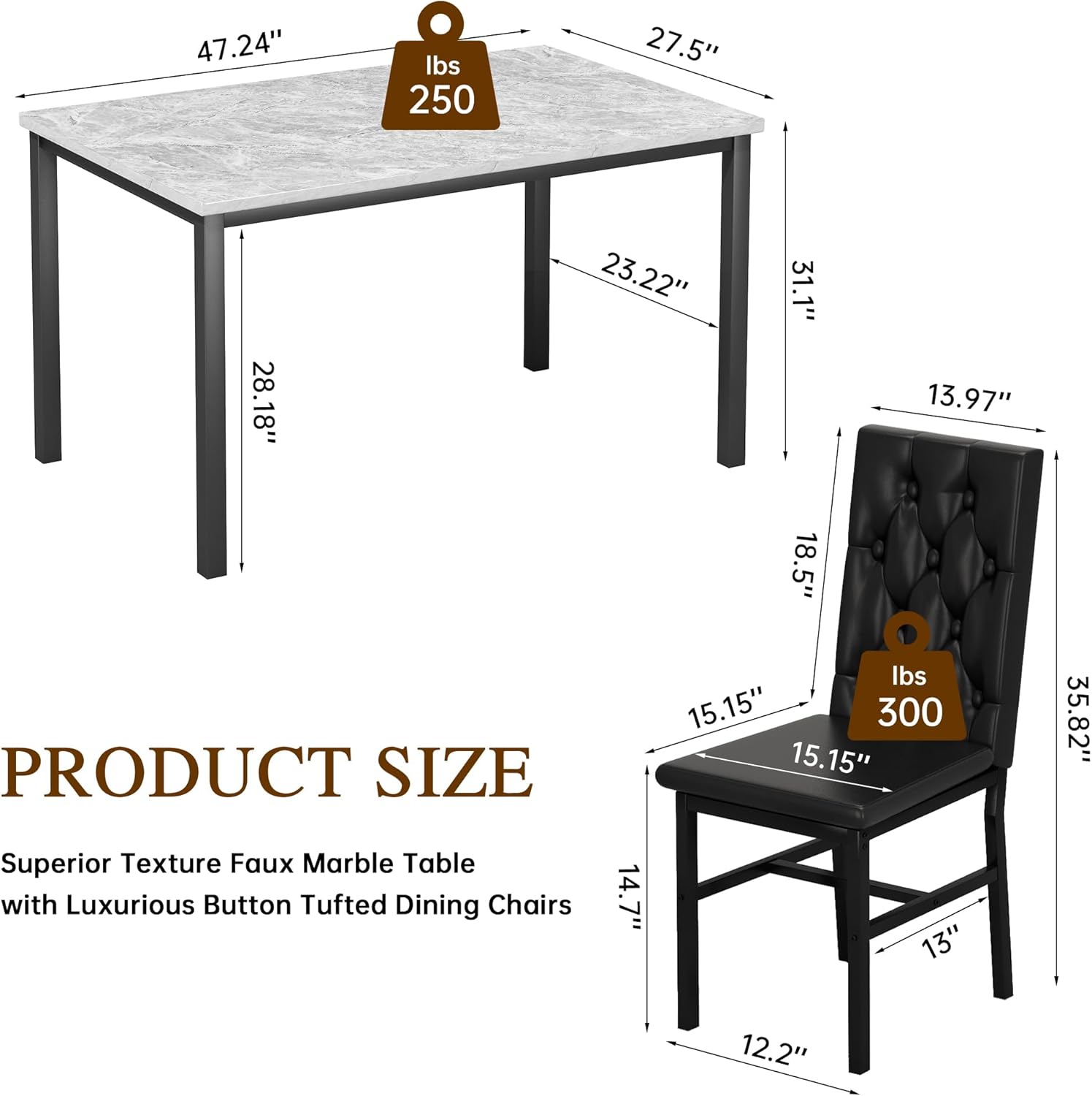 LinkRomat Dining Table Set for 4, Faux Marble Kitchen Table and Chairs, 5 Piece Small Dining Room Set with Button Tufted Upholstered Chairs