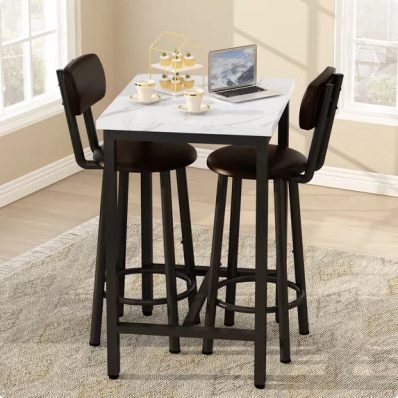 Cvortll 3 Piece Pub Table Sets, 23.6” Square Faux Marble Bar Tables with 2 Barstool, Wood Pub Bar Table Set for Small Spaces, Kitchen, Breakfast