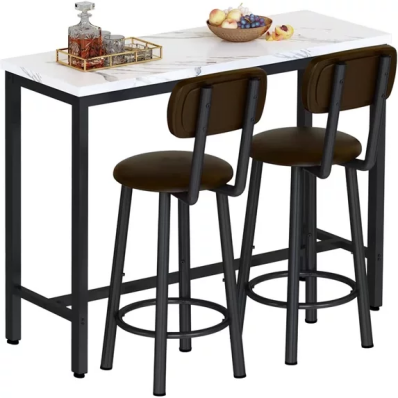 LinkRomat Bar Table Set,39.3" Bar Height Pub Table with 2 Upholstered Stools,Faux Marble Top Small Dining Set,Compact Kitchen Table for Small Spaces